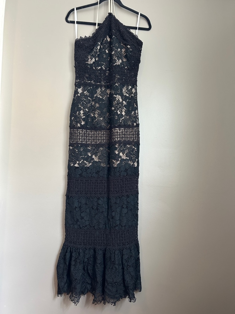Anthropologie Black Lace Halter Maxi Dress with Ruffled Hem